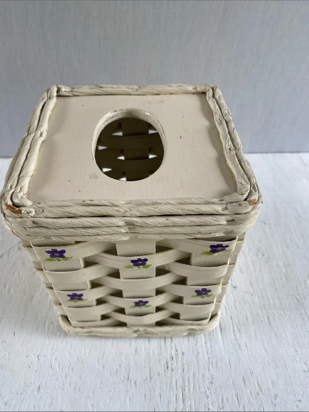 Vintage Cream Woven Tissue Box Cover with Purple Floral Accents